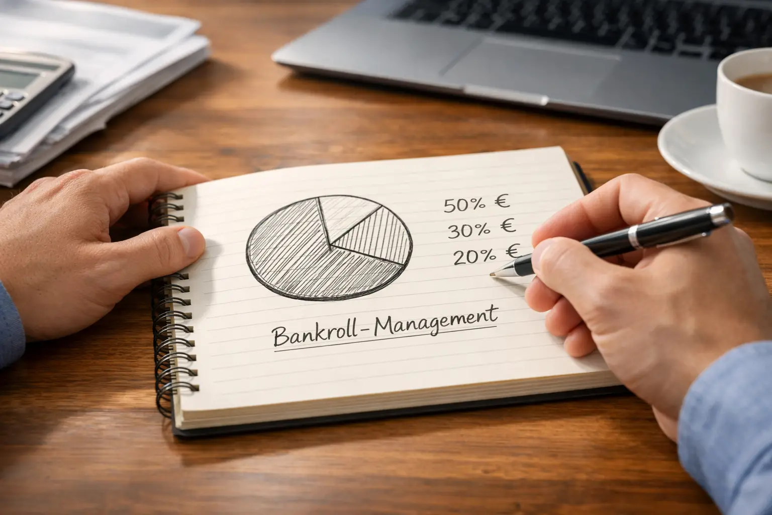 Organisierter Schreibtisch mit Notizbuch für Finanzplanung und Budget-Diagramm