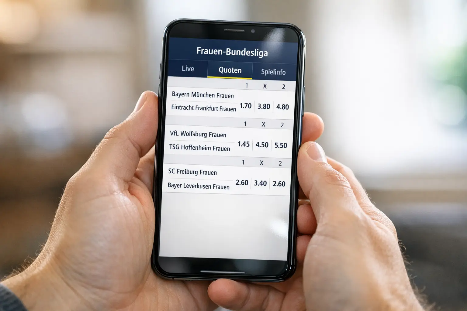 Smartphone mit Sportwetten-App und Frauenfußball-Quoten auf dem Display
