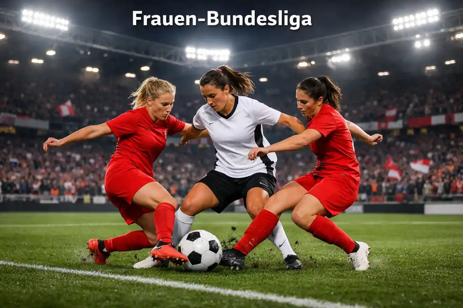 Motiv zur Google Pixel Frauen-Bundesliga mit Spielerinnen im aktiven Spielgeschehen vor Zuschauern, ideal für Liga-Wetten.