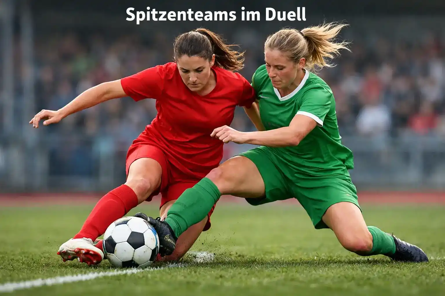 Fußballerinnen in Trikots der Spitzenvereine im Zweikampf auf dem Rasen