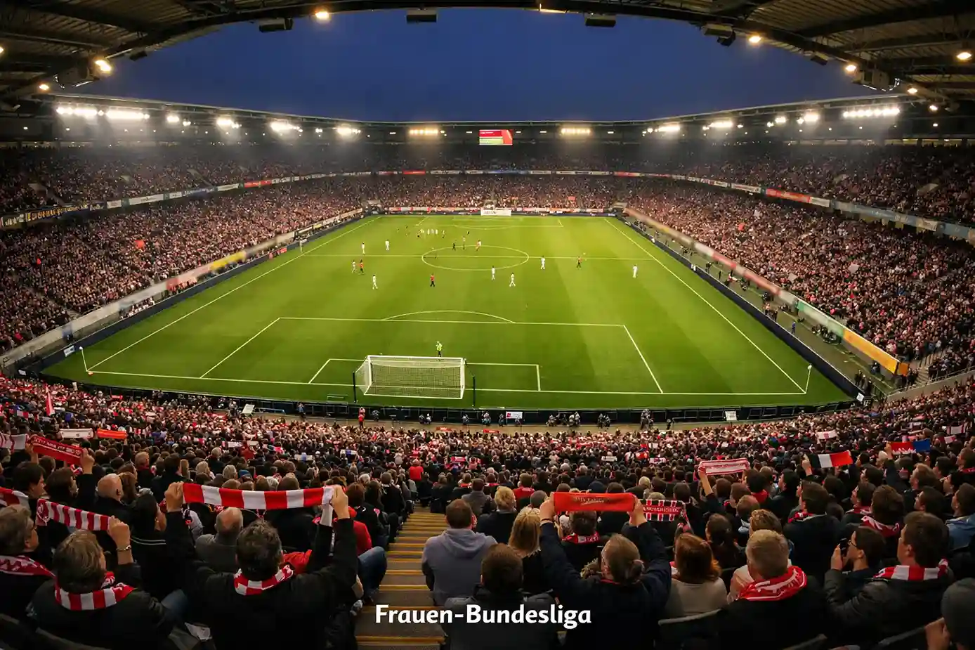 Blick auf ein gut besuchtes Fußballstadion während eines Frauen-Bundesliga-Spiels