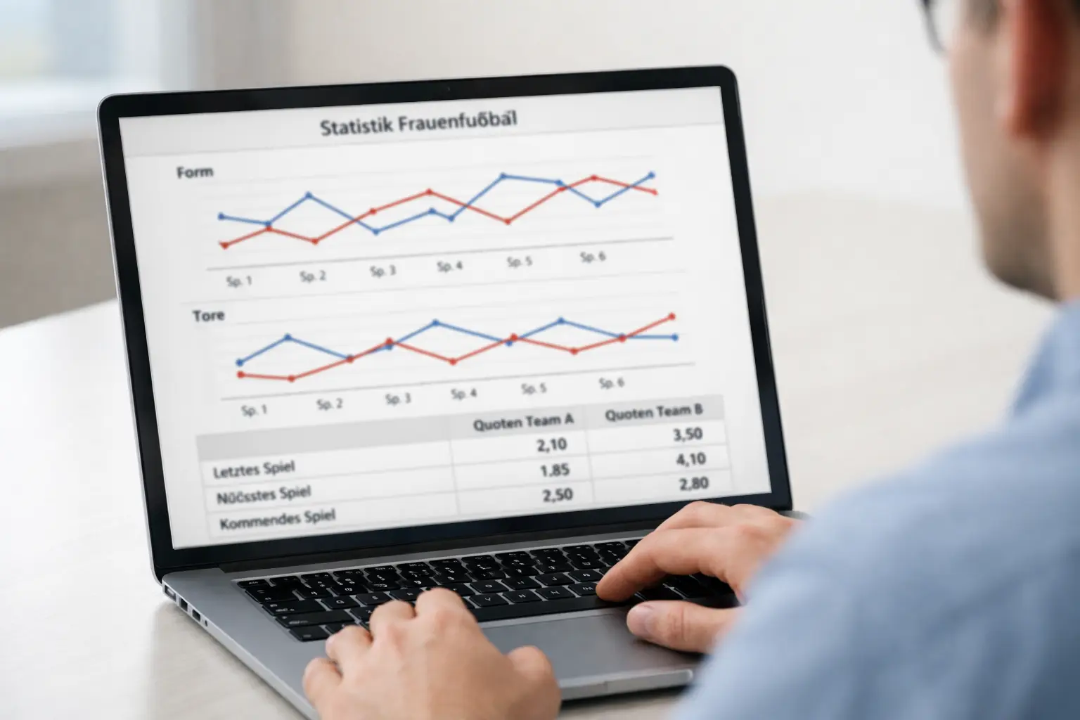 Laptop mit Sportwetten-Analyse und Statistiken zum Frauenfußball