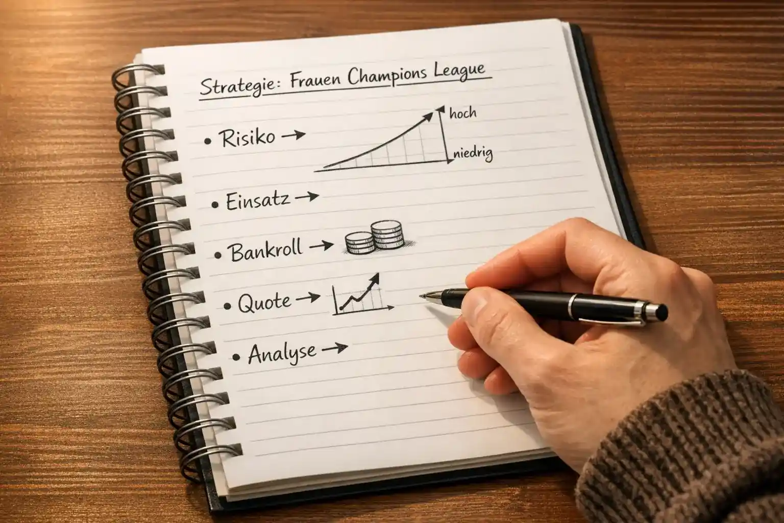 Person plant Wettstrategie mit Notizen zur Champions League auf dem Schreibtisch