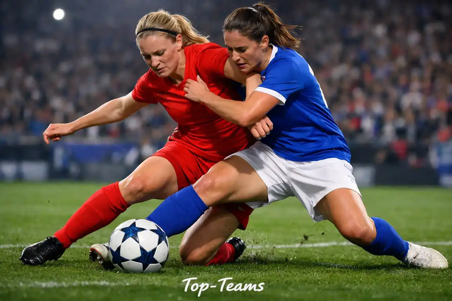 Fußballerinnen eines europäischen Spitzenteams im Zweikampf während eines CL-Spiels