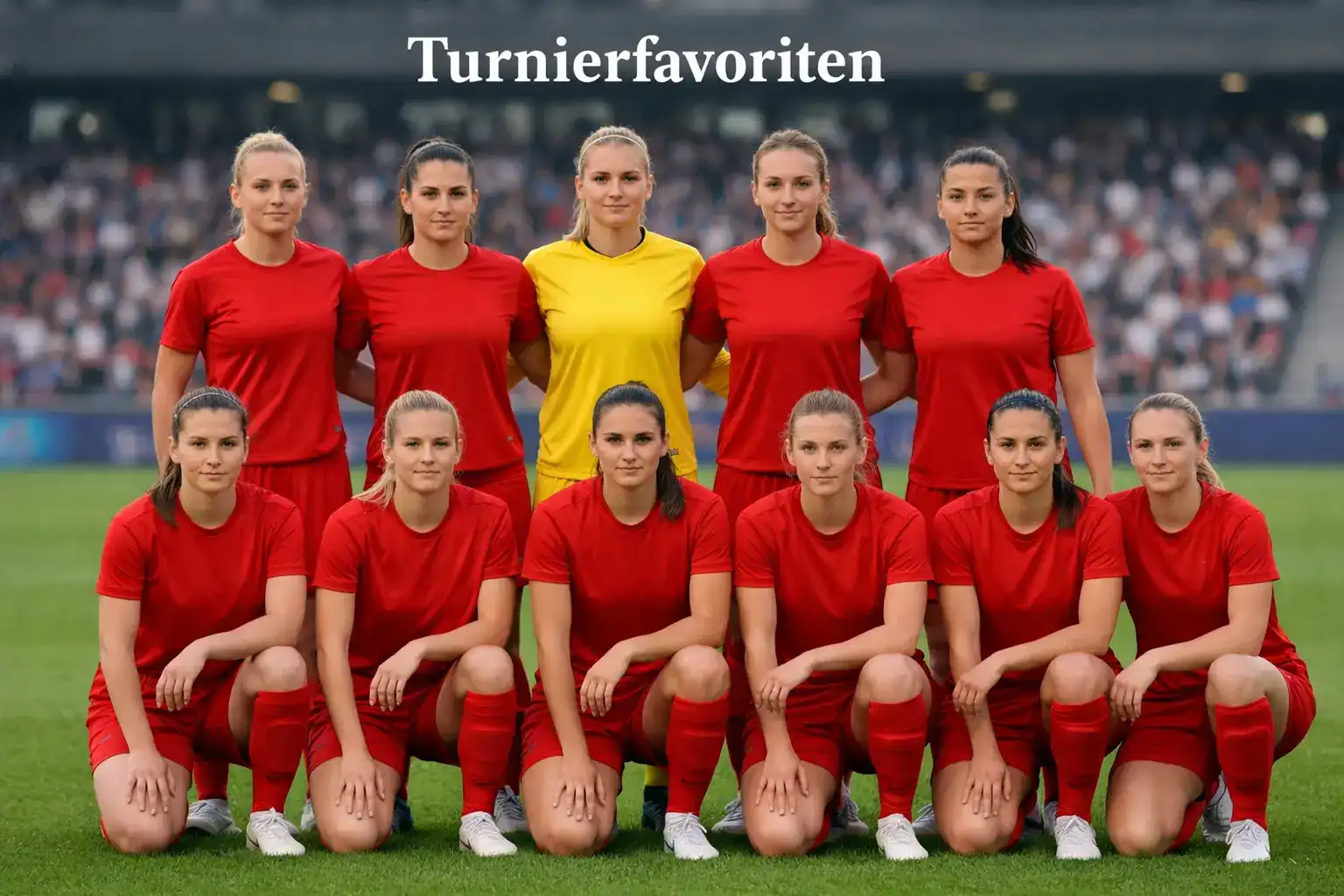 Fußballerinnen einer europäischen Nationalmannschaft in Spielformation auf dem Rasen