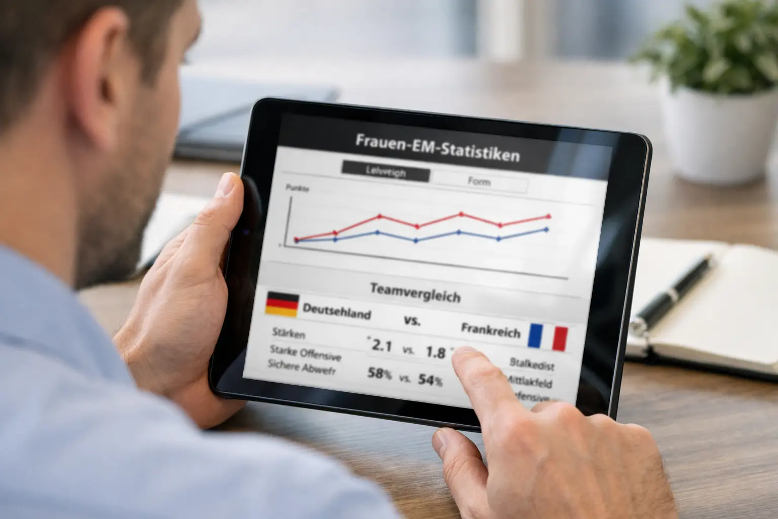 Person studiert Spielstatistiken und Formkurven auf einem Tablet mit Frauenfußball-Daten