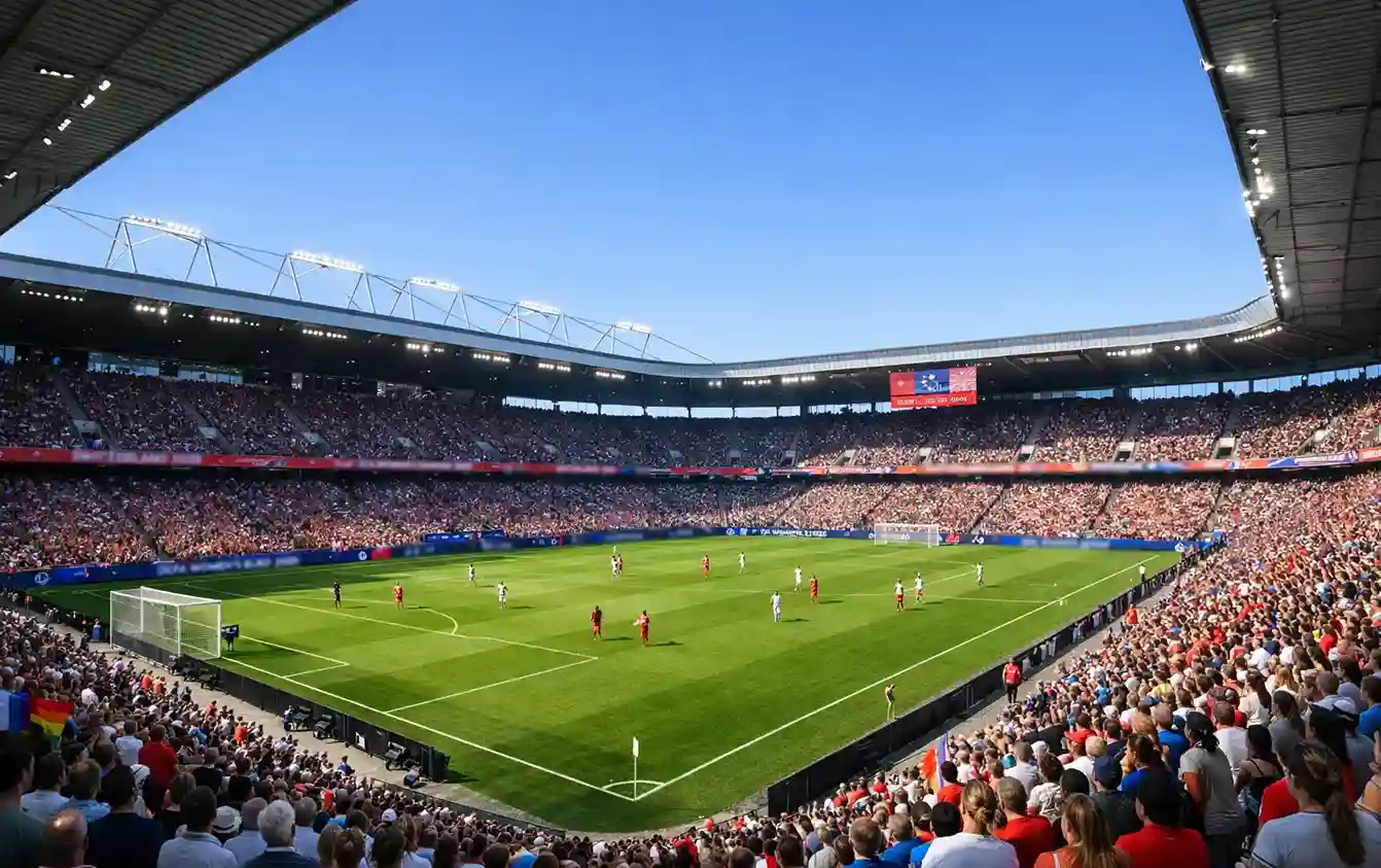 Blick auf ein Schweizer Fußballstadion während eines EM-Spiels mit vollen Zuschauerrängen