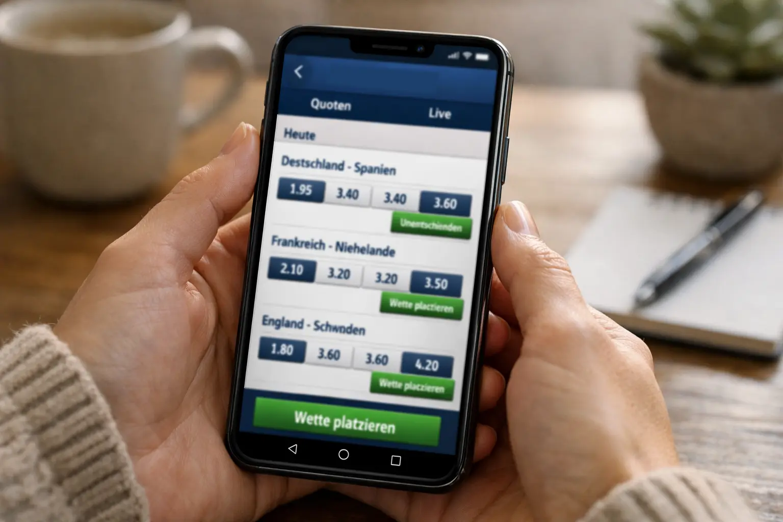 Person nutzt Sportwetten-App auf dem Smartphone mit Frauenfußball-Quoten