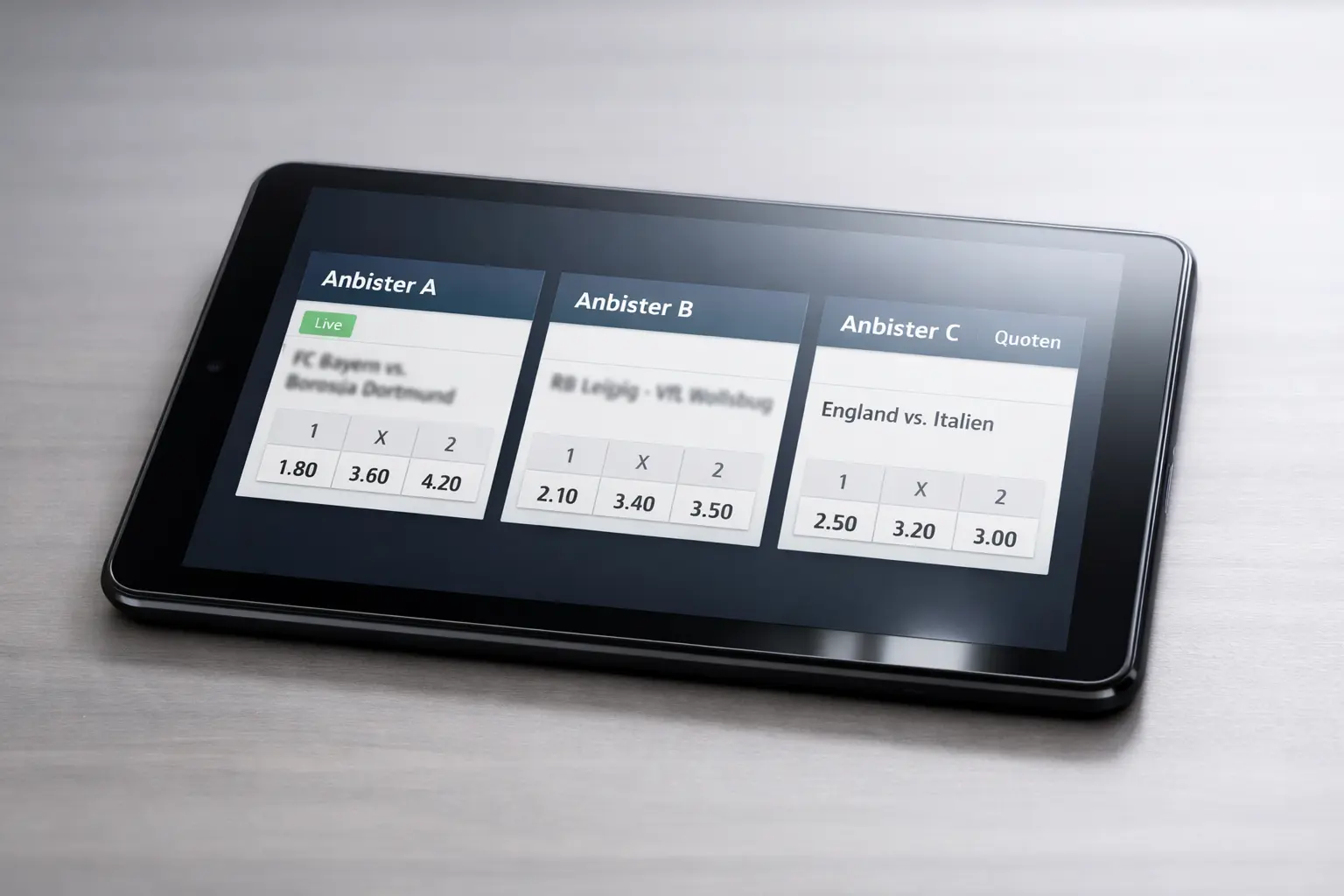Mehrere Sportwetten-Apps auf einem Tablet nebeneinander geöffnet