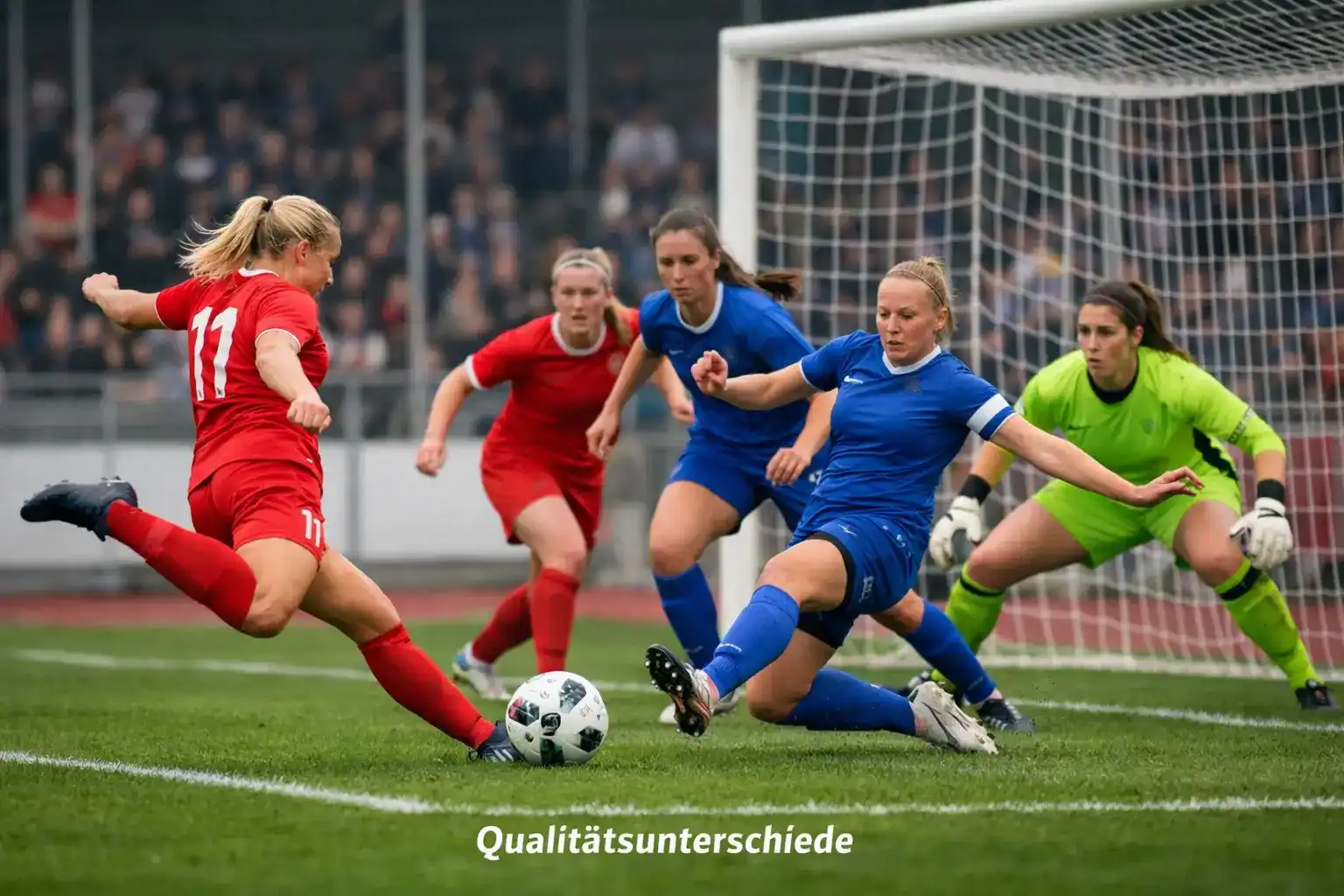 Frauenfußball-Spielszene mit deutlichem Qualitätsunterschied zwischen zwei Mannschaften