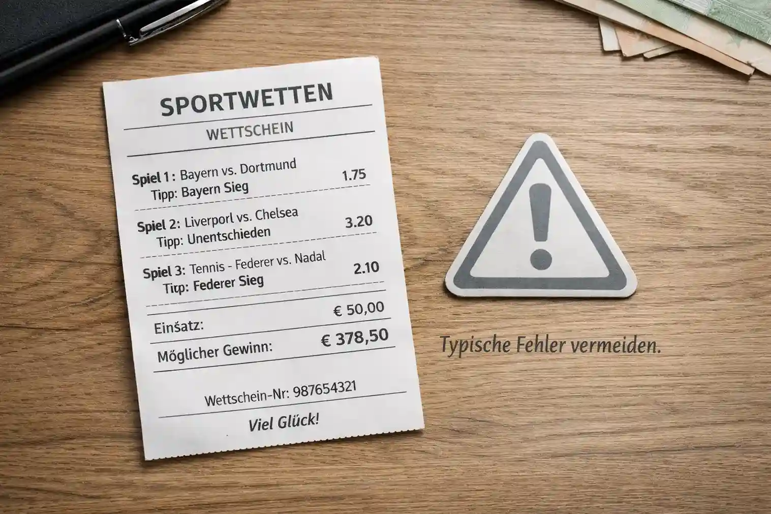 Warnschild-Symbol neben einem Wettschein als Konzept für häufige Wettfehler