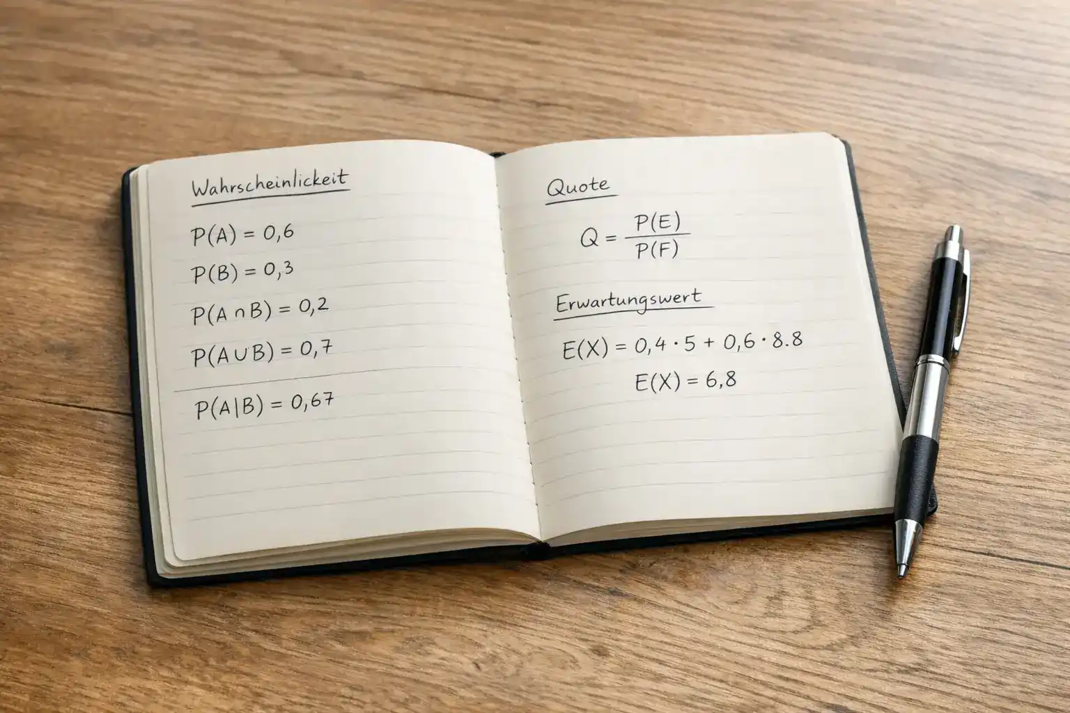 Notizbuch mit Wahrscheinlichkeitsberechnungen und Stift auf einem Schreibtisch