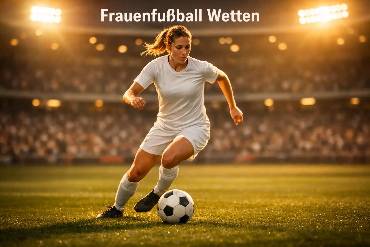 Professionelle Frauenfußballspielerin am Ball auf grünem Rasen im Stadion