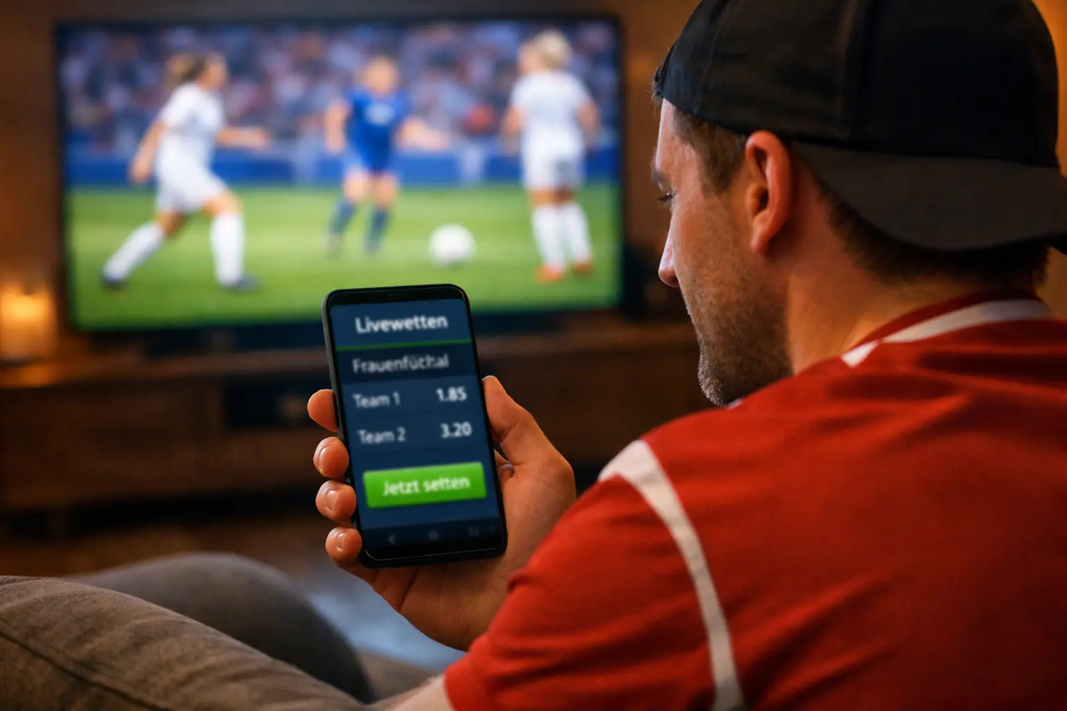 Fan verfolgt ein Frauenfußballspiel auf dem Smartphone und platziert eine Livewette