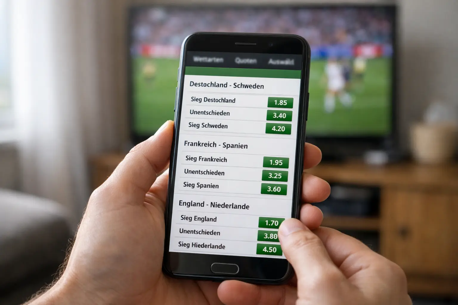 Smartphone-Bildschirm mit verschiedenen Wettoptionen auf einer Sportwetten-App